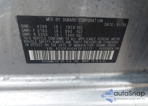 2019 Subaru Impreza 2.0I Limited z USA, uszkodzony, nr VIN 4S3GKAU6XK3612172